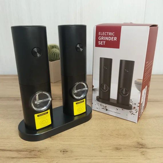 Млин для спецій, перцю та солі, електромлин на акум-ре з підсвічуванням 2 шт з підставкою Grinder Set BLACK | Зображення 5