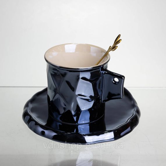 Чашка фарфоровая для кофе 200 (мл) с блюдцем и ложкой, красивая чашка в подарок Черный FM-2A | Зображення 2
