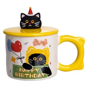 Чашка фарфоровая с крышкой Kitten's Birthday 400 (мл) подарочная кружка прикольная чашка для детей на подарок Желтый FM-24B