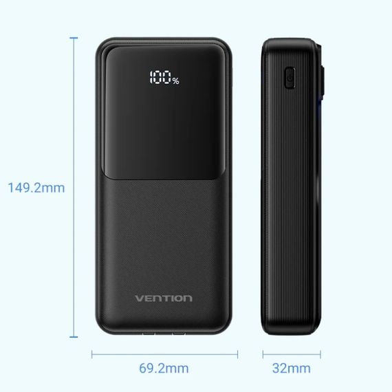 УМБ Vention 20000mAh 22.5W 3A PD, Micro-USB,USB-C,2xUSB-A,Built-in USB-C+Lightning Cables Black | Зображення 5