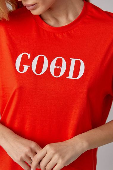 Трикотажная футболка с надписью Good vibes - красный цвет, XS (есть размеры) | Зображення 2