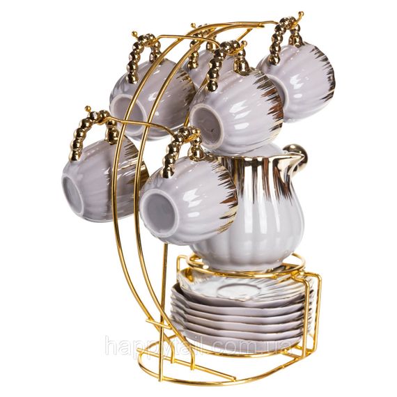 Кофейный сервиз на подставке с туркой 450 (мл) 6 чашек по 90 (мл) подарочный набор чашек на подставке Серый с золотом FM-JJ-4 | Зображення 1