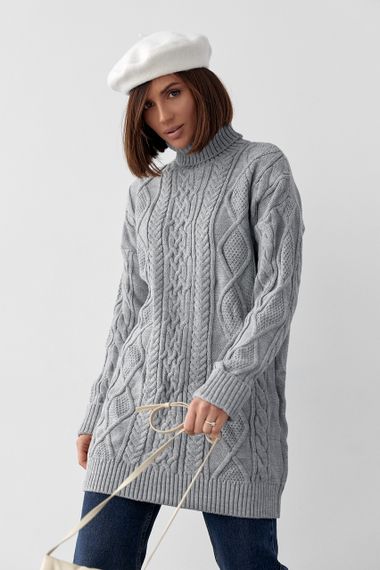Женская вязаная туника с высоким воротником и косичками - серый цвет, M (есть размеры)