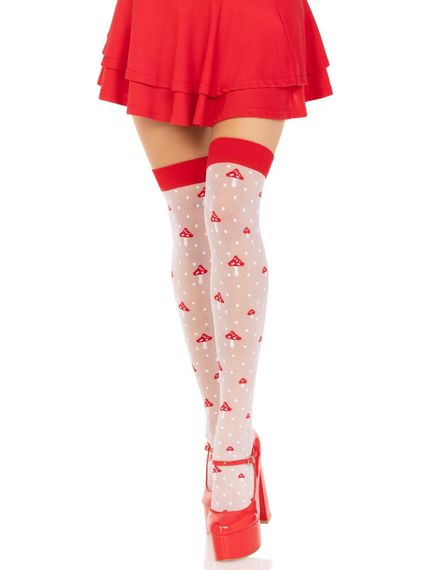 Панчохи Leg Avenue Polka Dot Mushroom Thigh Highs, One Size, біло-червоні, на резинці, малюнок — гриби | Зображення 2