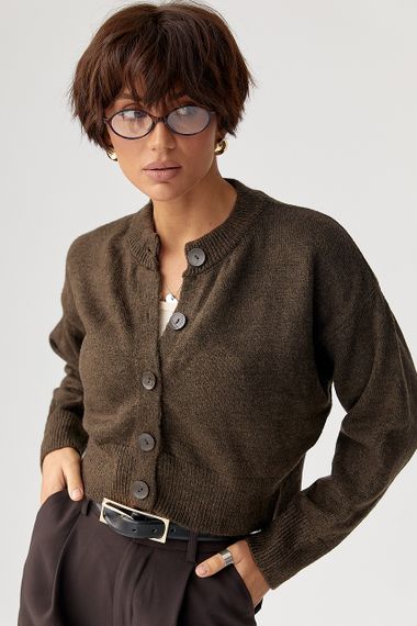 Теплий в'язаний короткий кардиган - темно-коричневий цвет, ONE SIZE (є розміри)
