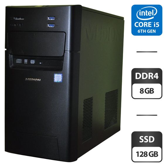 Комп'ютер Medion Akoya P5360 E-MT22 Tower / Intel Core i5-6402P (4 ядра по 2,8 - 3,4 ГГц) / 8 ГБ DDR4 / 128 ГБ SSD / Intel HD Graphics 510 / DVD-ROM / Windows 11 Home б/в