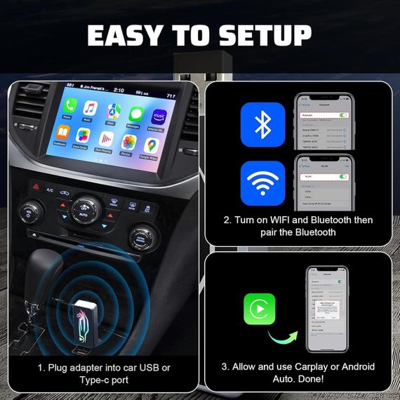 Бездротовий адаптер CarPlay Android Auto 2в1 для iPhone iOS 10+ Android 11+ з USB Type-C універсальний, карплей бездротовий | Зображення 7