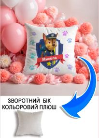 Подушка плюшева Мерч Крафт Дизайн з принтом paw patrol 5 імя Микола сірий плюш квадратна 33х33 см