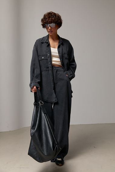 Вільний котоновий костюм із сорочки на кнопках і прямих штанів - чорний цвет, ONE SIZE (є розміри)