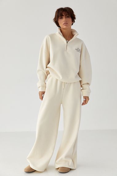 Утеплений спортивний костюм із штанами палаццо та світшотом - кремовий цвет, S/M (є розміри)