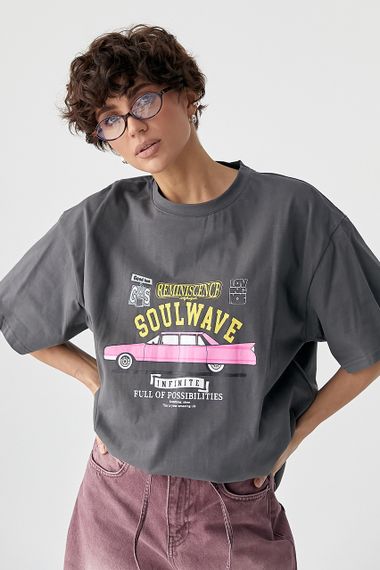 Футболка вільного фасону  із принтом авто - темно-сірий цвет, ONE SIZE (є розміри)