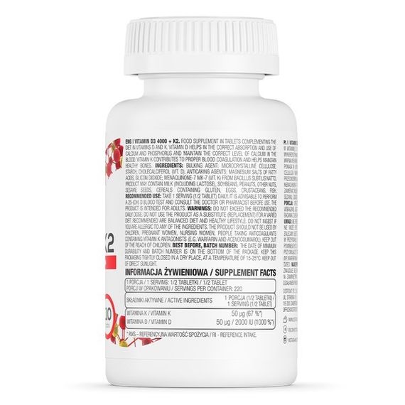 Вітамін D3 4000+K2 Ostrovit Vitamin D3 4000+K2 110 tabl | Зображення 1