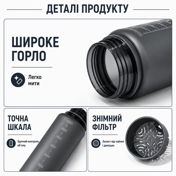 Бутылка для воды KANGZYUAN 500 мл Tritan спортивная, BPA Free, с герметичной крышкой, Черный матовый | Зображення 3