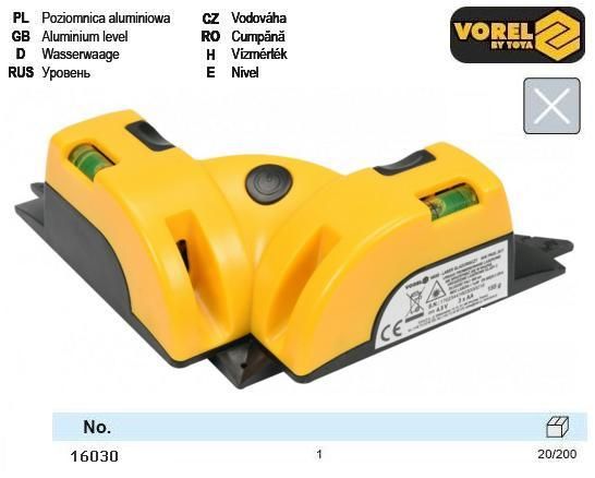Уровень Польша угловой 90° 2 лазера до 10 м для плитки 190х135 мм VOREL-16030
