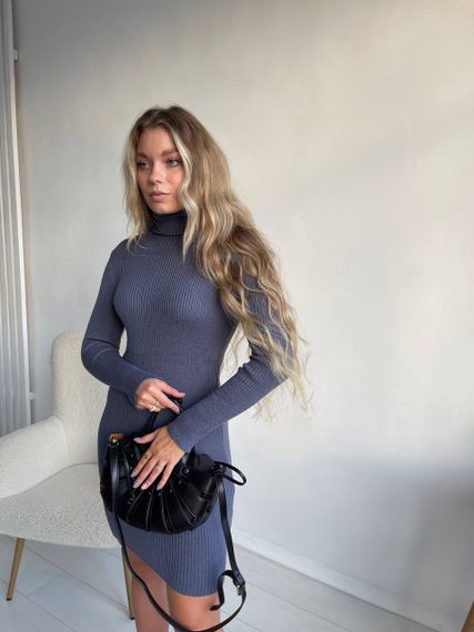 Женское вязаное платье-гольф в обтяжку теплое NO6599 размер единый 42-50 цвет темно-серый