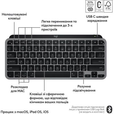 Клавиатура Logitech MX Keys Mini для MAC Wireless UA Space Grey (920-012652) | Зображення 2