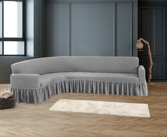 Жаккардовый чехол на угловой диван Stone с юбкой светло-серый