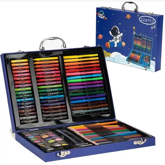 Набір для малювання у кейсі 128 предметів, Космонавт, Синій / Дитячий набір для творчості / Набір художника YU227