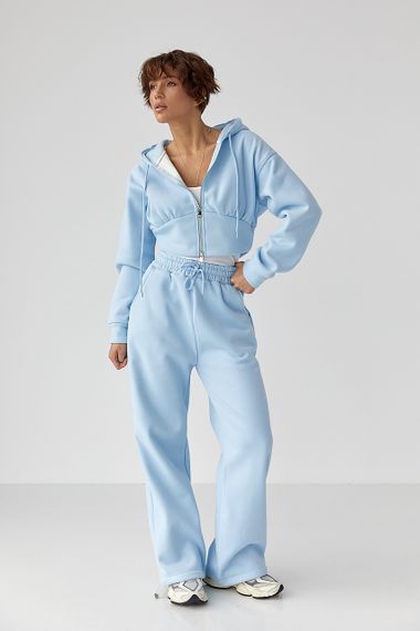 Теплий спортивний костюм з коротким худі та широкими штанами - блакитний цвет, L (є розміри) | Зображення 4