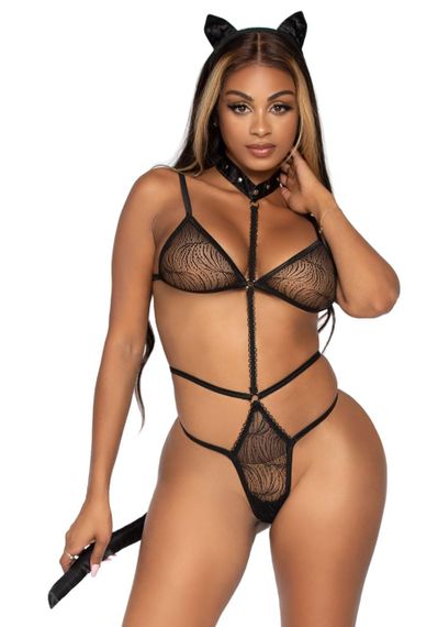 Еротичний костюм кішки Leg Avenue Roleplay Sex Kitten One size Black, боді, вушка, чокер sexstyle