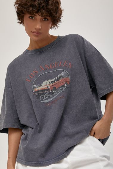 Футболка в стилі тай-дай із принтом авто - джинс цвет, ONE SIZE (є розміри)