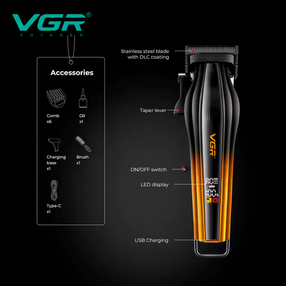 Акумуляторна машинка для стрижки VGR V-273 GOLD, 6 насадок, 8000 RPM, 3000 mAh, LED дисплей | Зображення 9