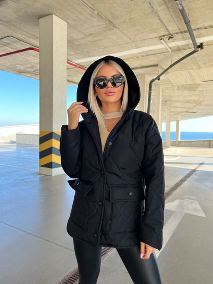 Женская демисезонная стеганая куртка с капюшоном на кнопках NA1039 цвет черный, размер 42/44 | Зображення 3