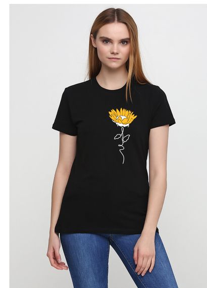 Футболка жіноча чорна з принтом "Соняшник", 2XL
