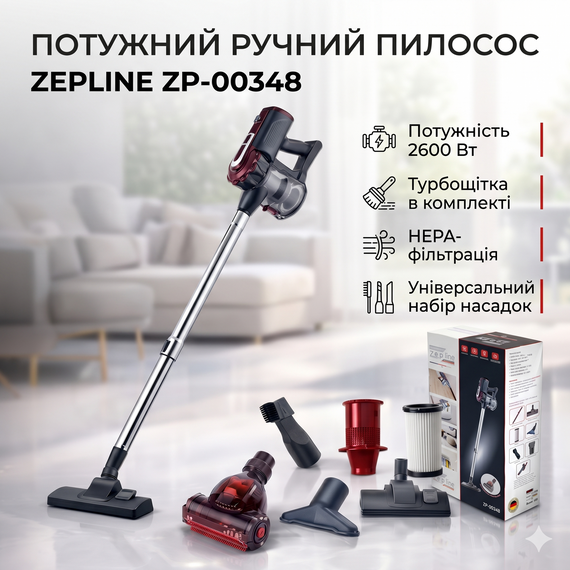 Ручний портативний пилосос Zepline ZP-00348 2600 Вт з турбощіткою КРАСНИЙ для сухого прибирання