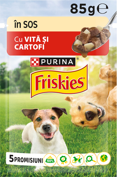 Вологий корм пауч Purina Friskies pouch для дорослих собак, шматочки в підливі з яловичиною і картоплею, 85г