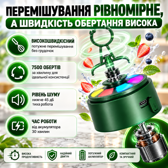 Электрический шейкер 650 мл зеленый для протеина аккумуляторный с LED-подсветкой, USB Type-C и контейнером для порошка | Зображення 2