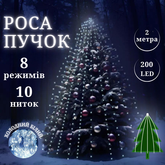 Роса пучок 2 метри 10 ниток Niki Light кінський хвіст з пультом 200 Led гірлянда для ялинки холодний білий | Зображення 1
