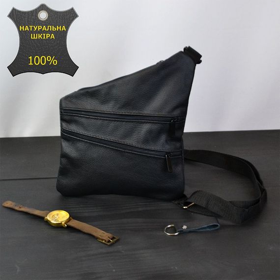 Сумка чоловіча на 3 кишенях, з натуральної шкіри, слінг нагрудний чорний, чоловіча сумка кроссбоді | Зображення 2
