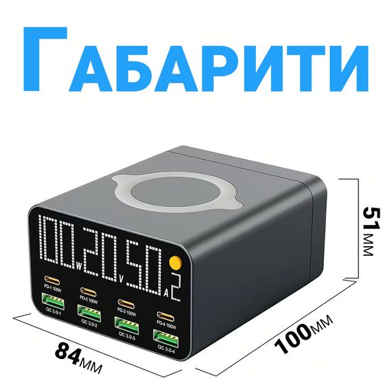 9в1 Многопортовое зарядное устройство Addap MCS-M1, док-станция для зарядки на 4 Type-C + 4 USB-A + беспроводная панель, 120W | Зображення 3