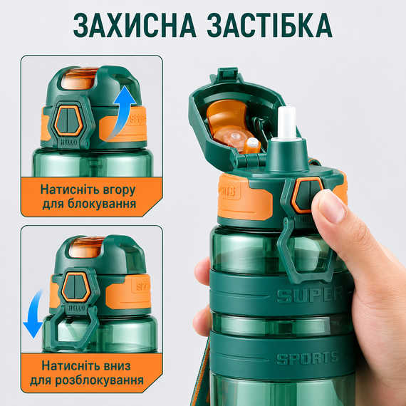 Спортивная бутылка KANGZYUAN 500 мл - Зеленая Tritan BPA-free, ударопрочная эко-бутылка с трубочкой и ремешком | Зображення 1