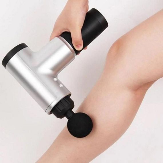 Акумуляторний масажер Fascial Gun KH-320 портативний ручний ударний м'язовий пістолет 4 насадки сірий | Зображення 4