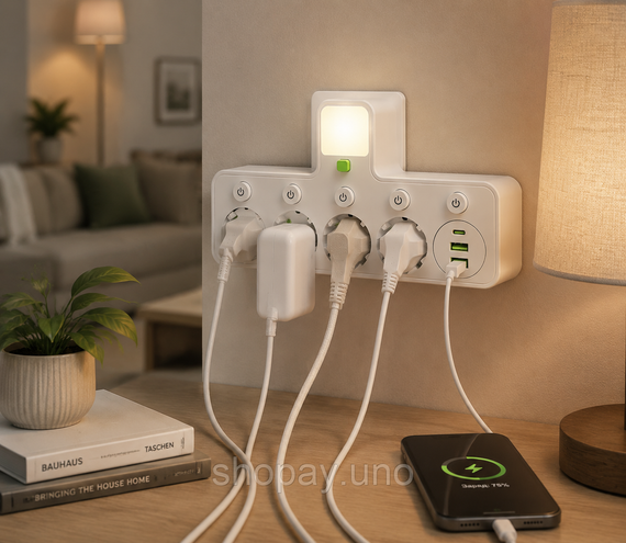 Мережевий фільтр 4 розетки + USB / адаптер на 4 розетки + USB з індивідуальними кнопками та LED-підсвічуванням Білий | Зображення 3