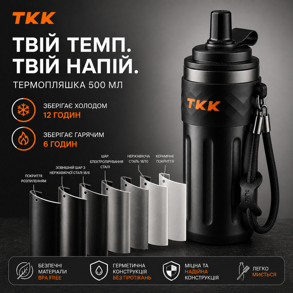 Вакуумная термобутылка TKK 500 мл — Черная, с мягким силиконовым мундштуком (поилка) | Зображення 1