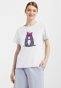 Футболка жіноча біла з принтом "Сірий кіт", S