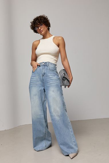 Джинси Palazzo з потертостями - блакитний цвет, L (є розміри) | Зображення 2