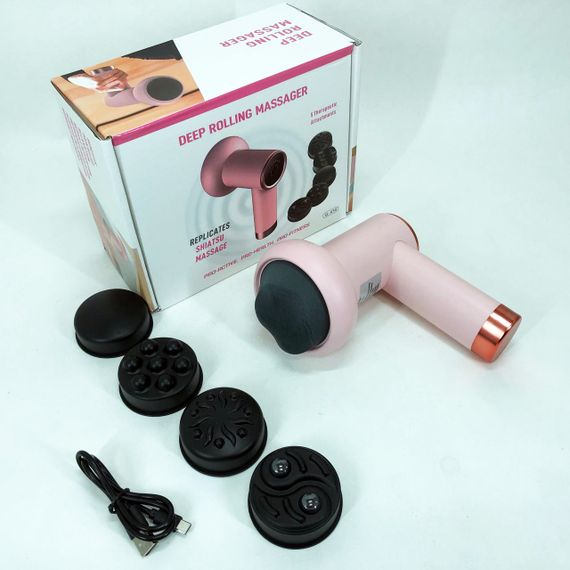 Массажер антицеллюлитный для тела рук и ног 4 насадки 6 скоростей Deep Rolling Massager. Цвет: розовый | Зображення 5