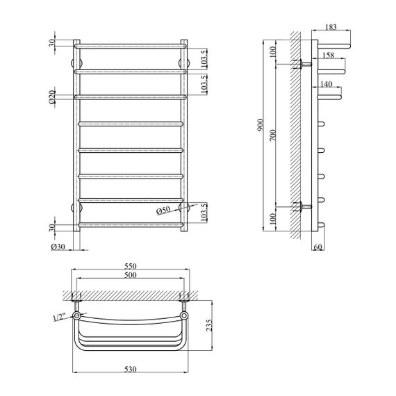 Сушарка для рушників водяна Kroner KRP Prima WT900x500-8 | Зображення 1