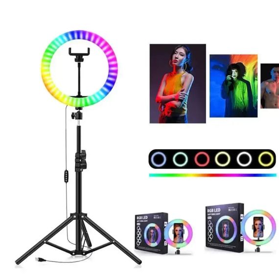 Кільцева лампа зі Штативом RGB 36 см, Світлодіодна LED лампа, Кільцеве світло, Різнобарвна лампа блогера | Зображення 5