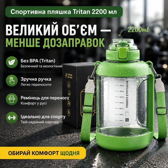 Спортивная бутылка для воды Tritan 2200 мл с ручкой и ремешком, Зеленая (Тритановая бутылка большой емкости) | Зображення 8