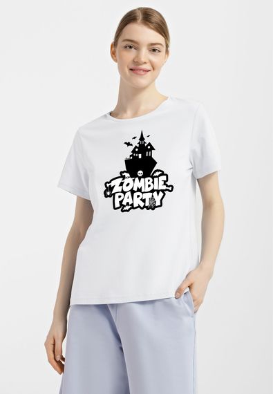 Футболка жіноча біла з принтом "Вечірка зомбі", M