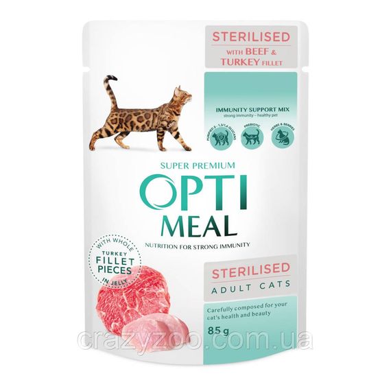 Влажный корм для стерилизованных котов OptiMeal Sterilised Adult с говядиной и индюшиным филе в желе 85 г