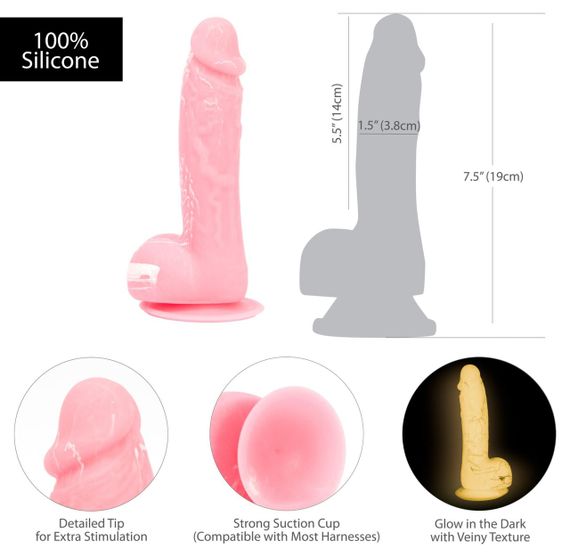 Светящийся в темноте фаллоимитатор ADDICTION - BRANDON - 7.5" - PINK G.I.D. /W PB, 19 см, силикон Sex Aura | Зображення 5
