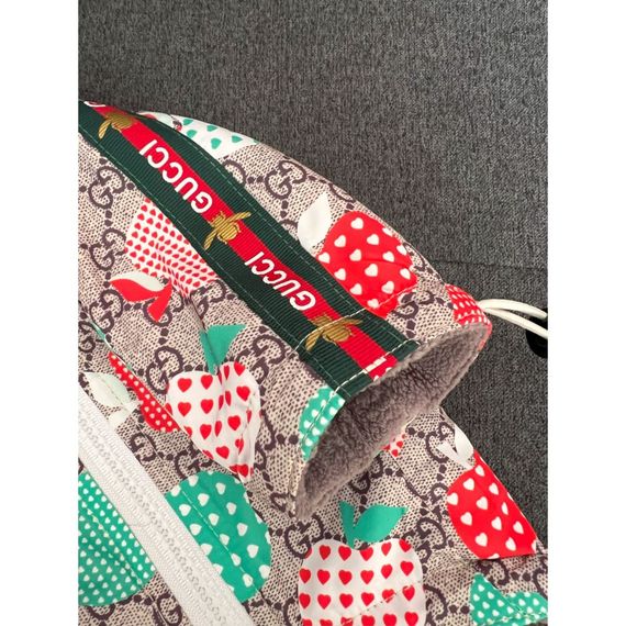 Брендовая зимняя куртка для собак GUCCI с капюшоном, на змейке,яблоки на рисунке, с затяжками по краям, коричневая | Зображення 4