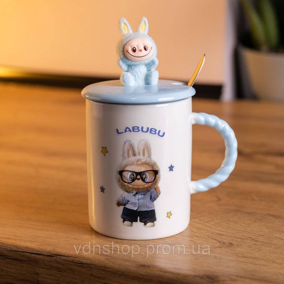 Чашка порцелянова з кришкою і ложкою Labubu 400 (мл) подарункова кружка прикольна чашка для дітей на подарунок Блакитний FM-35B
