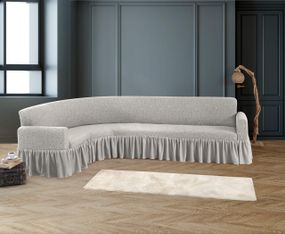 Жаккардовый чехол на угловой диван Stone с юбкой кремово-серый